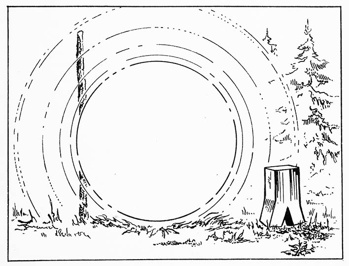 Le « fantôme d’acier », la lueur rouge, le mât écorcé et l’impact au sol. Dû au talent de Jean Giraud, cette représentation de l'affaire du "Martien" de Prémanon (1954) est parue dans le bulletin "Info-OVNI" en 1979. Dessin : © Jean Giraud / Agence Martienne