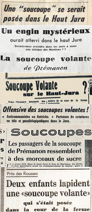Quelques-uns des nombreux articles de presse originaux sur l’affaire du « Martien » de Prémanon, parus entre fin septembre et début octobre 1954. © Agence Martienne